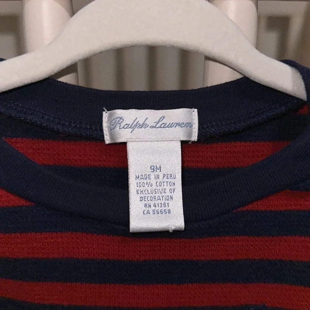 Ralph Lauren Baby Boy Navy + Red Striped 100% Cotton Pullover Sweater Comfy 9 M